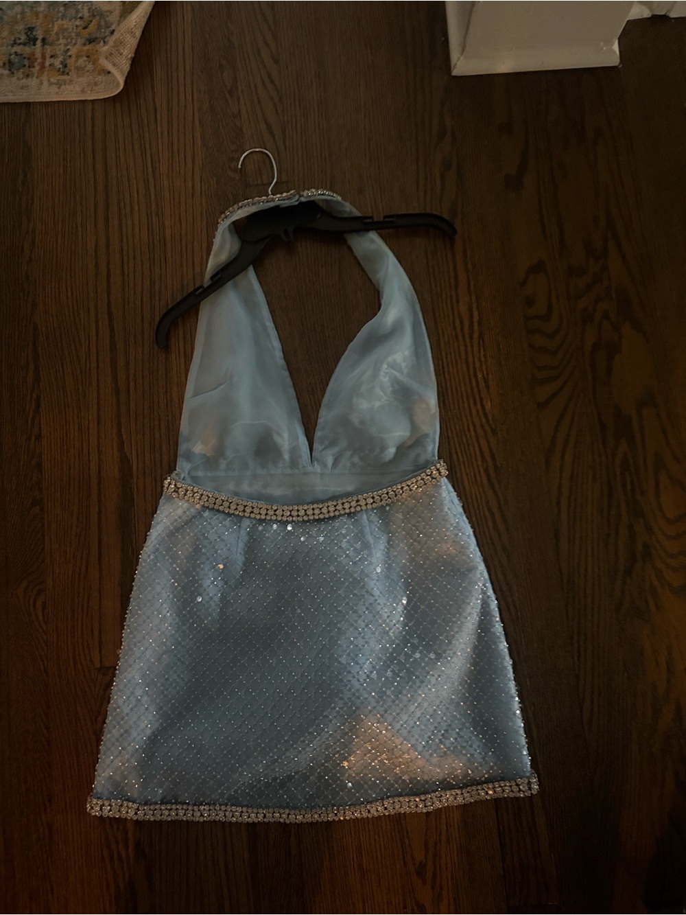 Retrofete Light Blue Halter Mini Dress with Beaded Trim - Picture 4 of 5